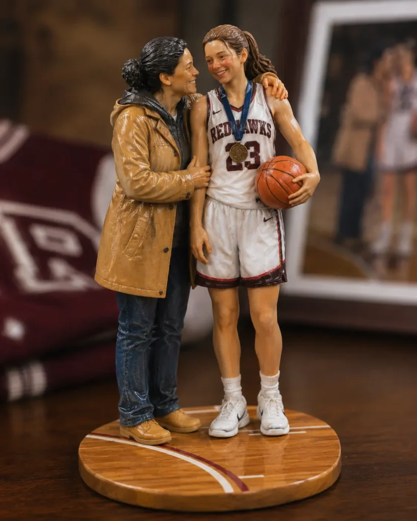 Personalized keepsake figurine of a basketball player and her mother after senior night, recreated from a real photo as a full-color resin collectible.