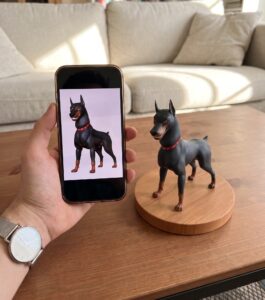 3D memory figurines showing a digital character transformed from an image into a realistic custom 3D printed figurine